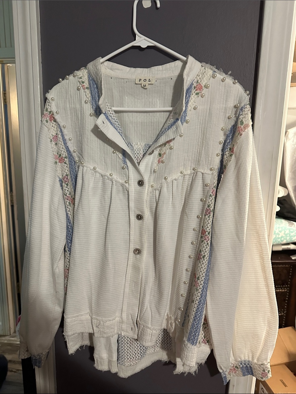 POL White Button-Down Blouse with Pastel Embroidery and Pearls